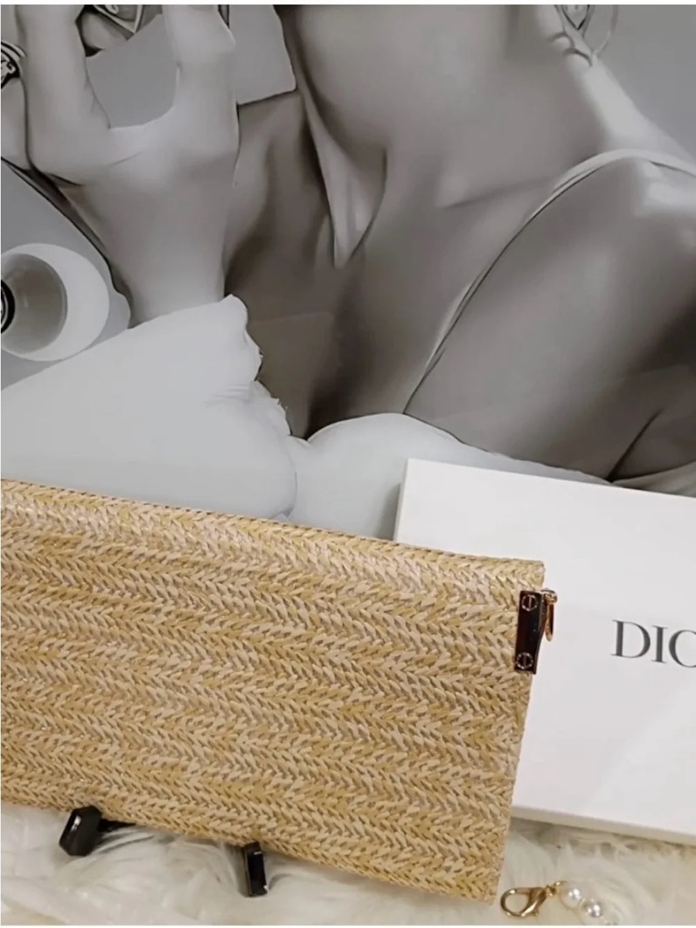 Dior Straw Tote in Beige with Gold Chain Detail